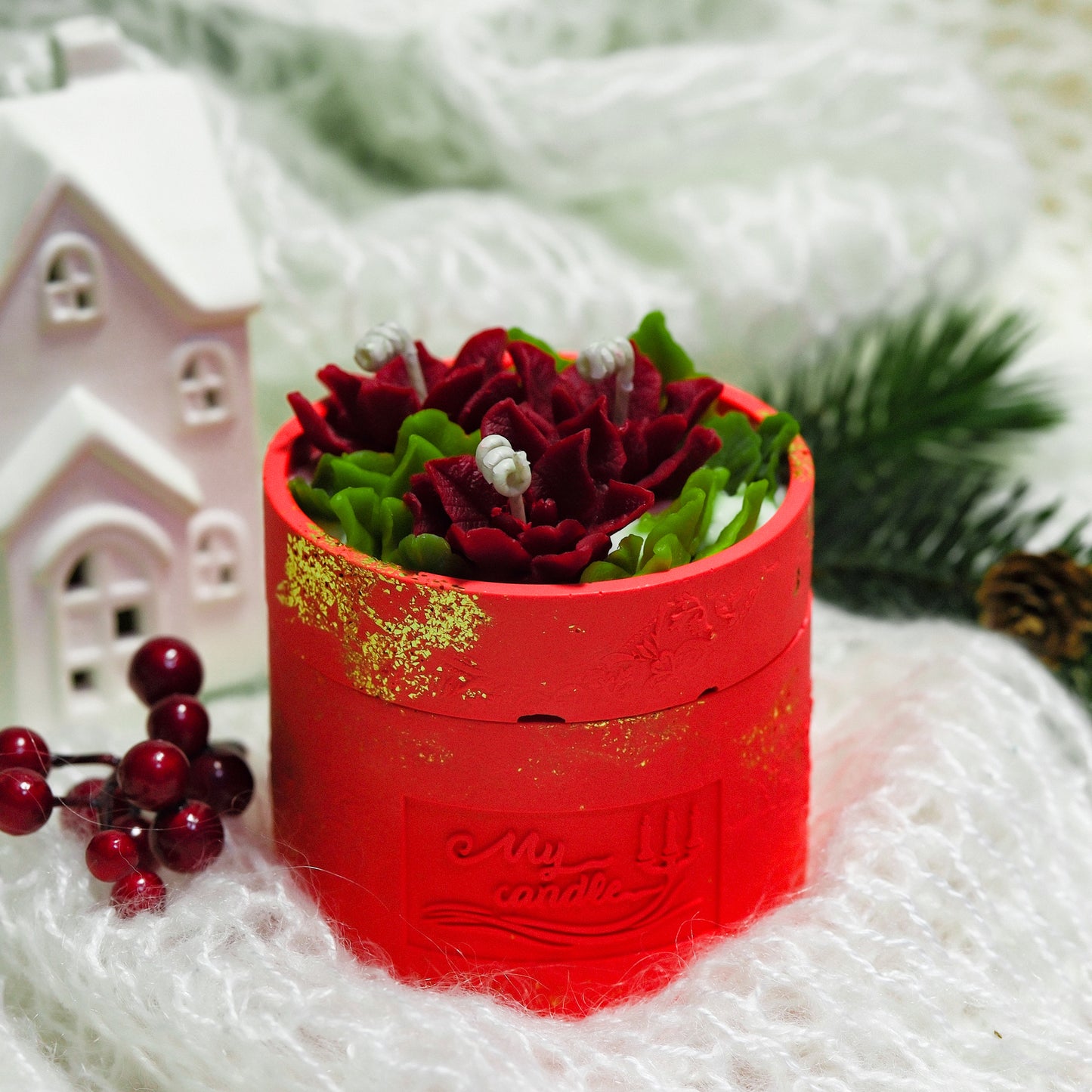 Poinsettia Flower Refillable Candle with Gift Box