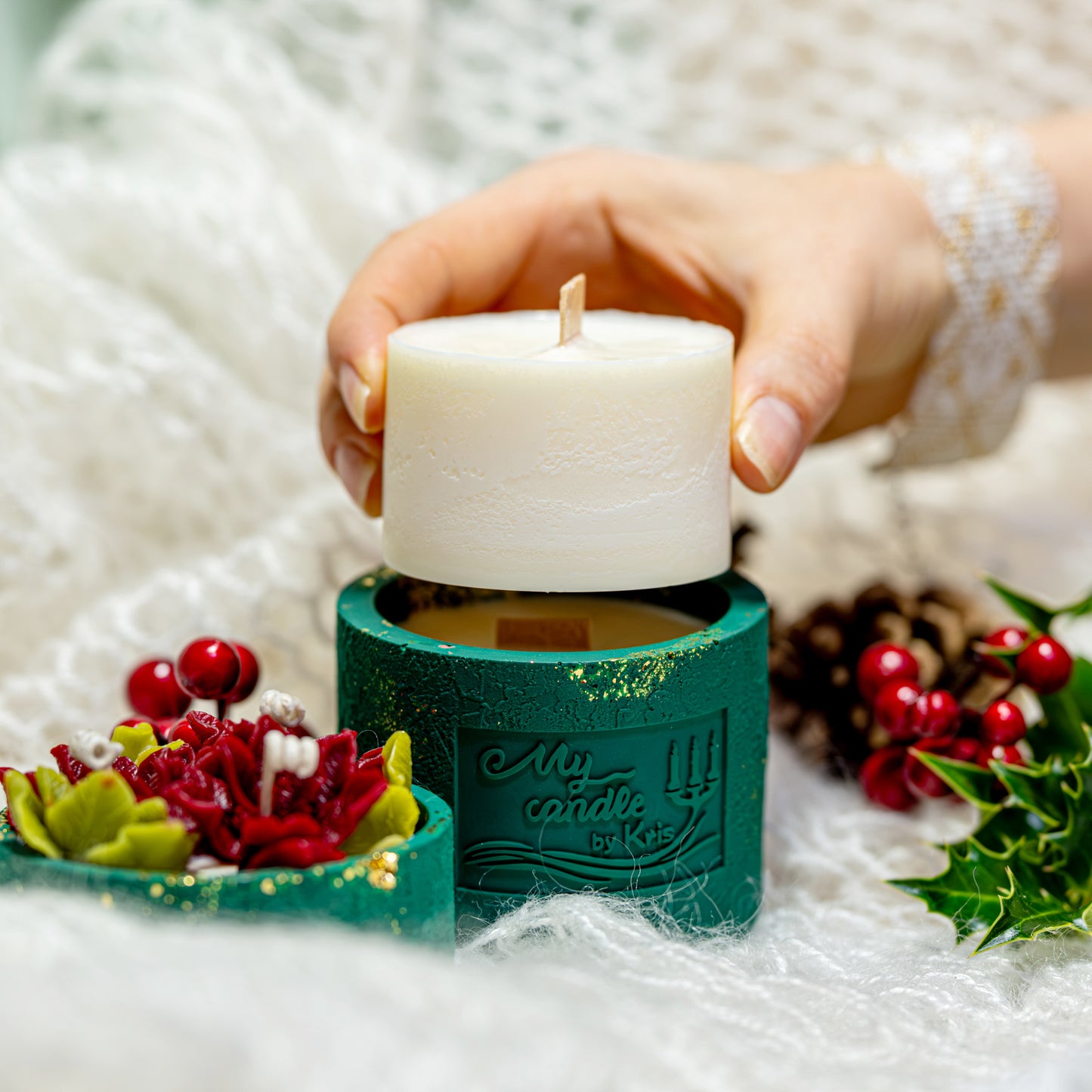 Poinsettia Flower Refillable Candle with Gift Box