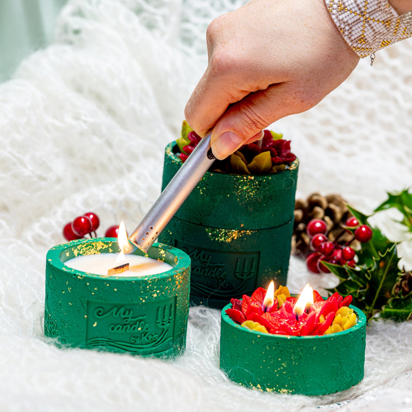 Poinsettia Flower Refillable Candle with Gift Box