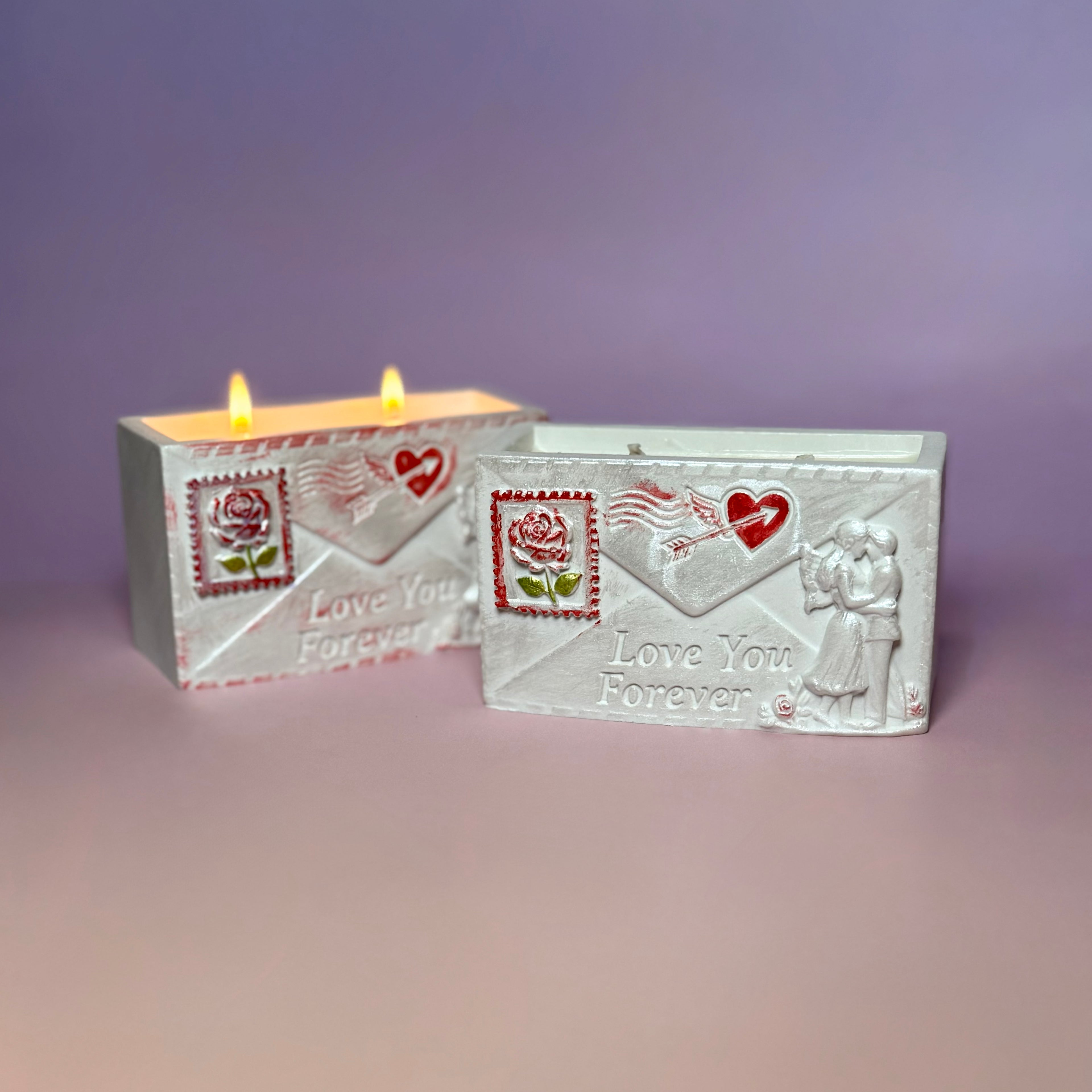 "Love You Forever" Double-Wick Soy Wax Candle | Handcrafted Vintage Envelope Jesmonite Planter | Romantic Anniversary & Wedding Gift