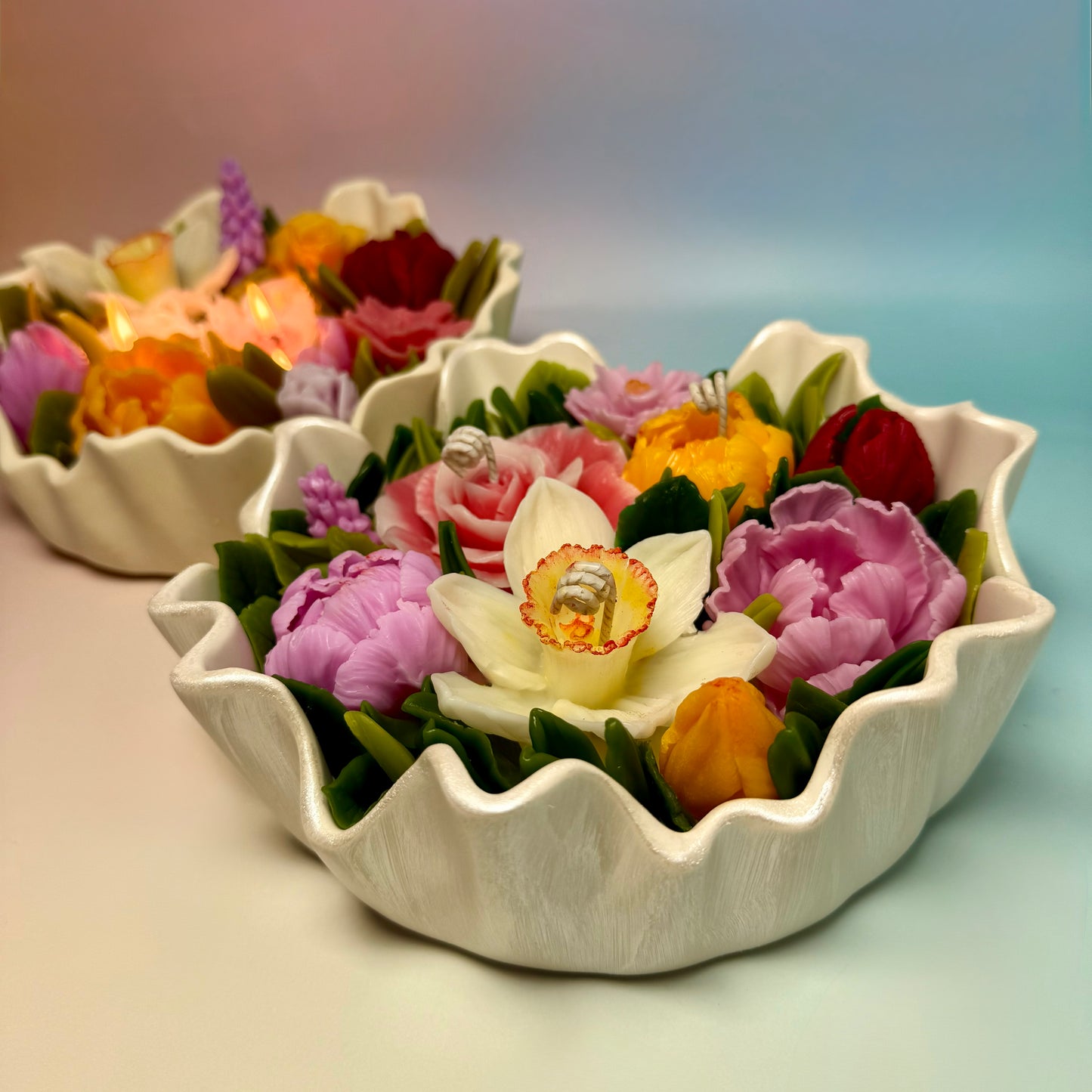 Multi-colored Beeswax Flowers Candle Set "Flower Meadow" with Gift Box