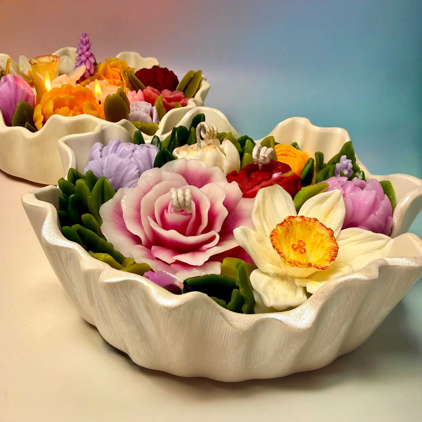 Multi-colored Beeswax Flowers Candle Set "Flower Meadow" with Gift Box