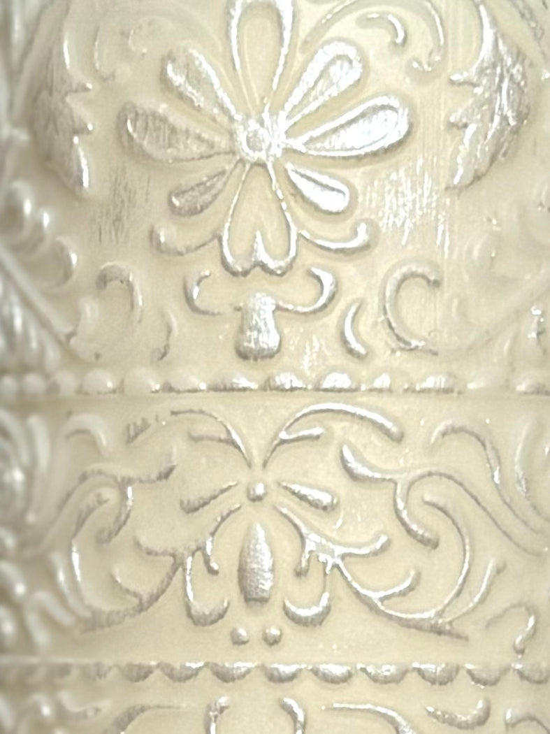 The Pearl Heritage Set — Hand-Painted Jesmonite Candle Holder & Ornate Soy Wax Pillar