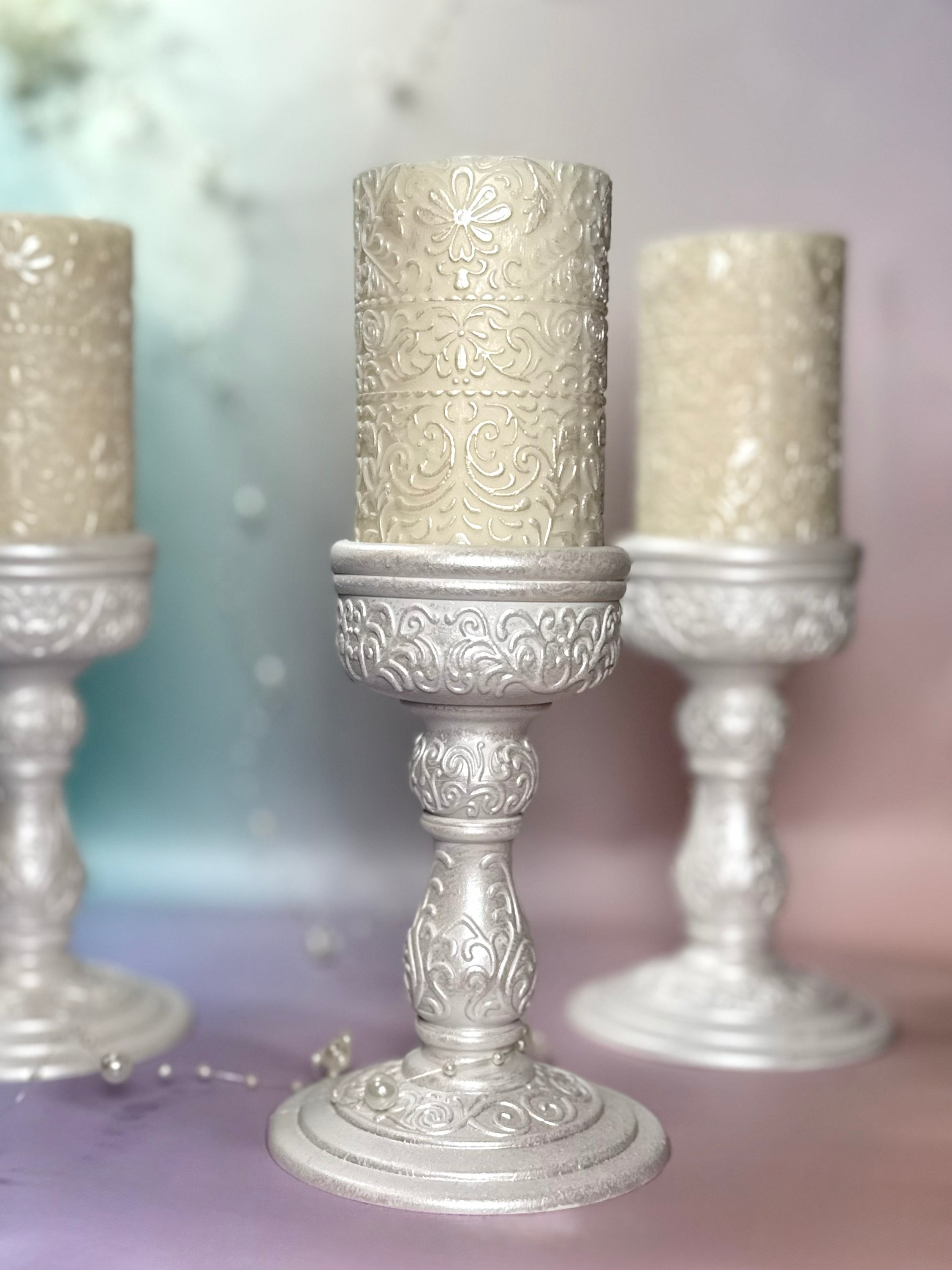 The Pearl Heritage Set — Hand-Painted Jesmonite Candle Holder & Ornate Soy Wax Pillar