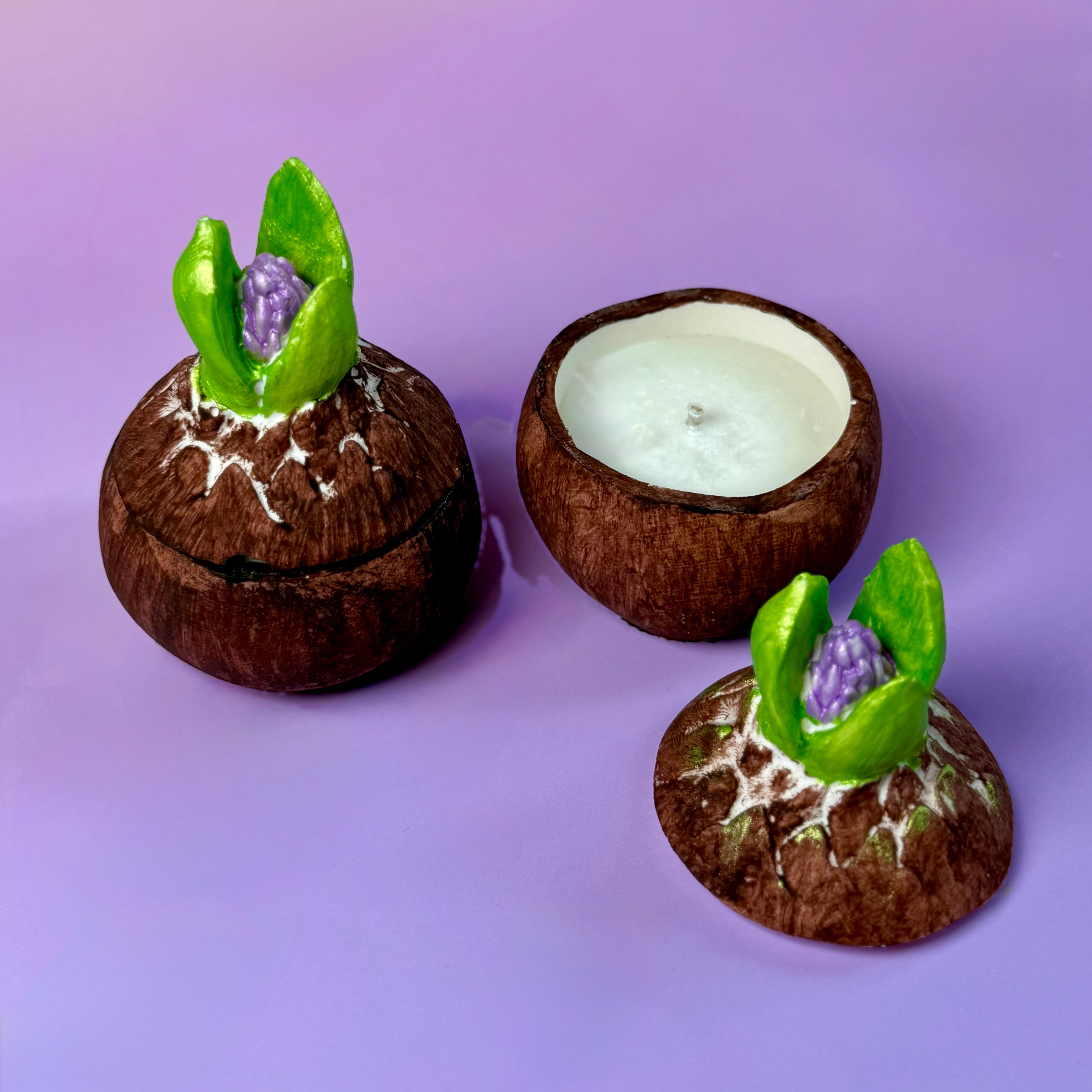 Two hand-painted hyacinth bulb candles in an organic earthy brown finish with green and purple wax sprouts.