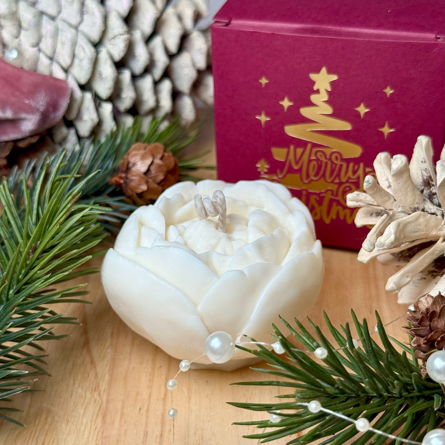 Handmade Peony Flower Soy Wax Candle with Christmas Box