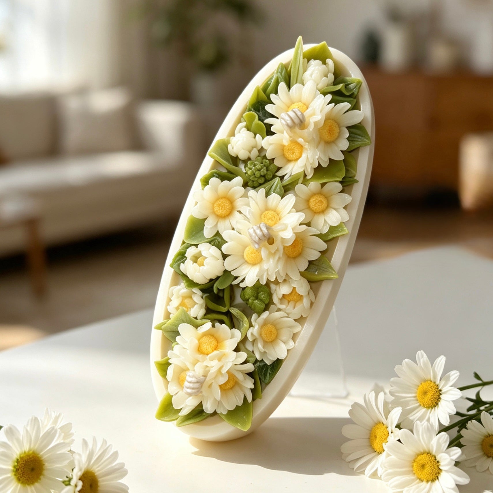 An oval daisy bouquet candle tilted on a transparent display stand, beautifully showing the intricate hand-poured floral wax layout and decorative coiled cotton wicks.