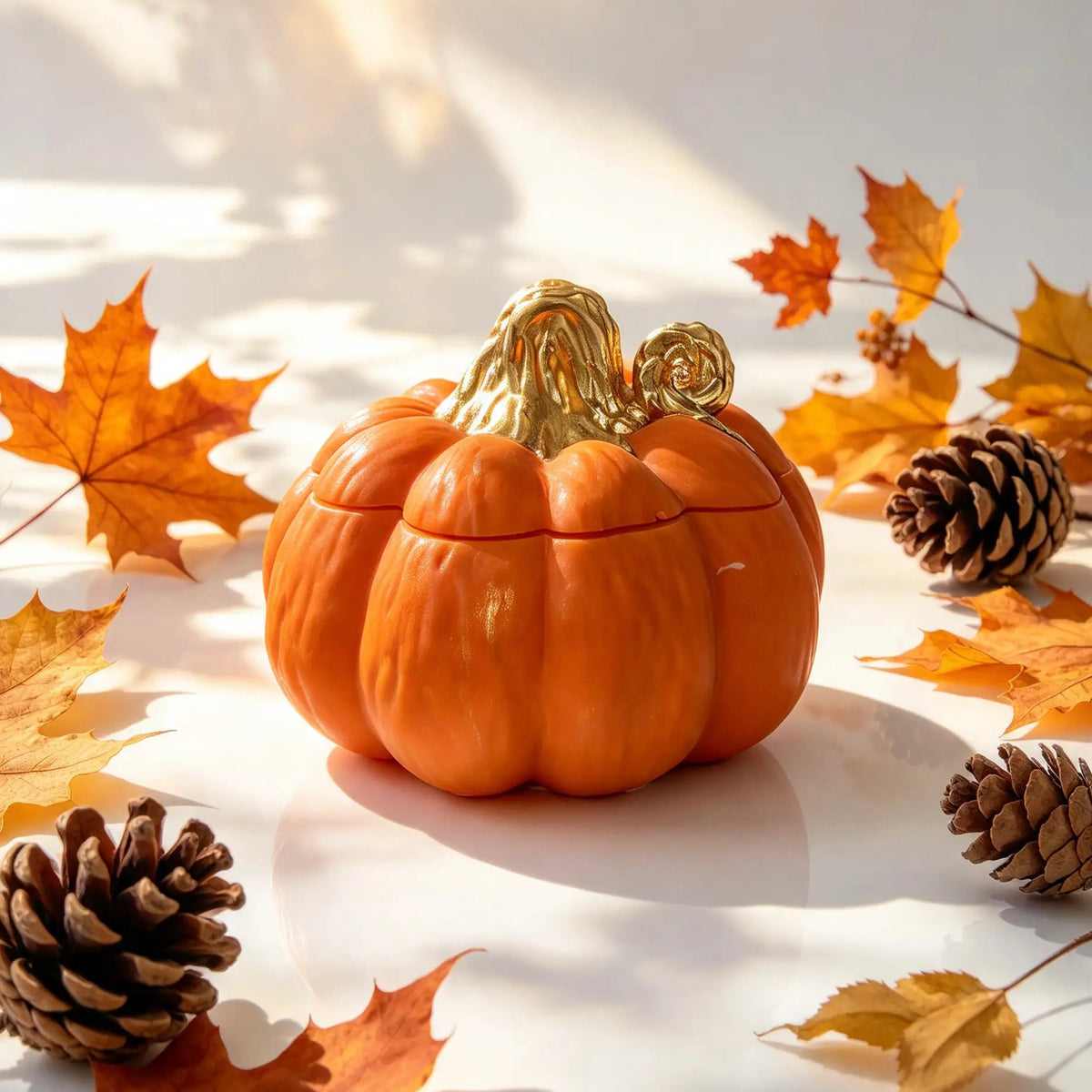 Handmade orange pumpkin candle vessel in warm sunlight with autumn leaves and pine cones