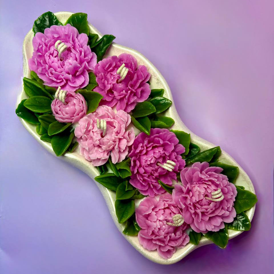Luxury 7-wick peony flower candle centrepiece in a pearl white tray with personalised gift box.