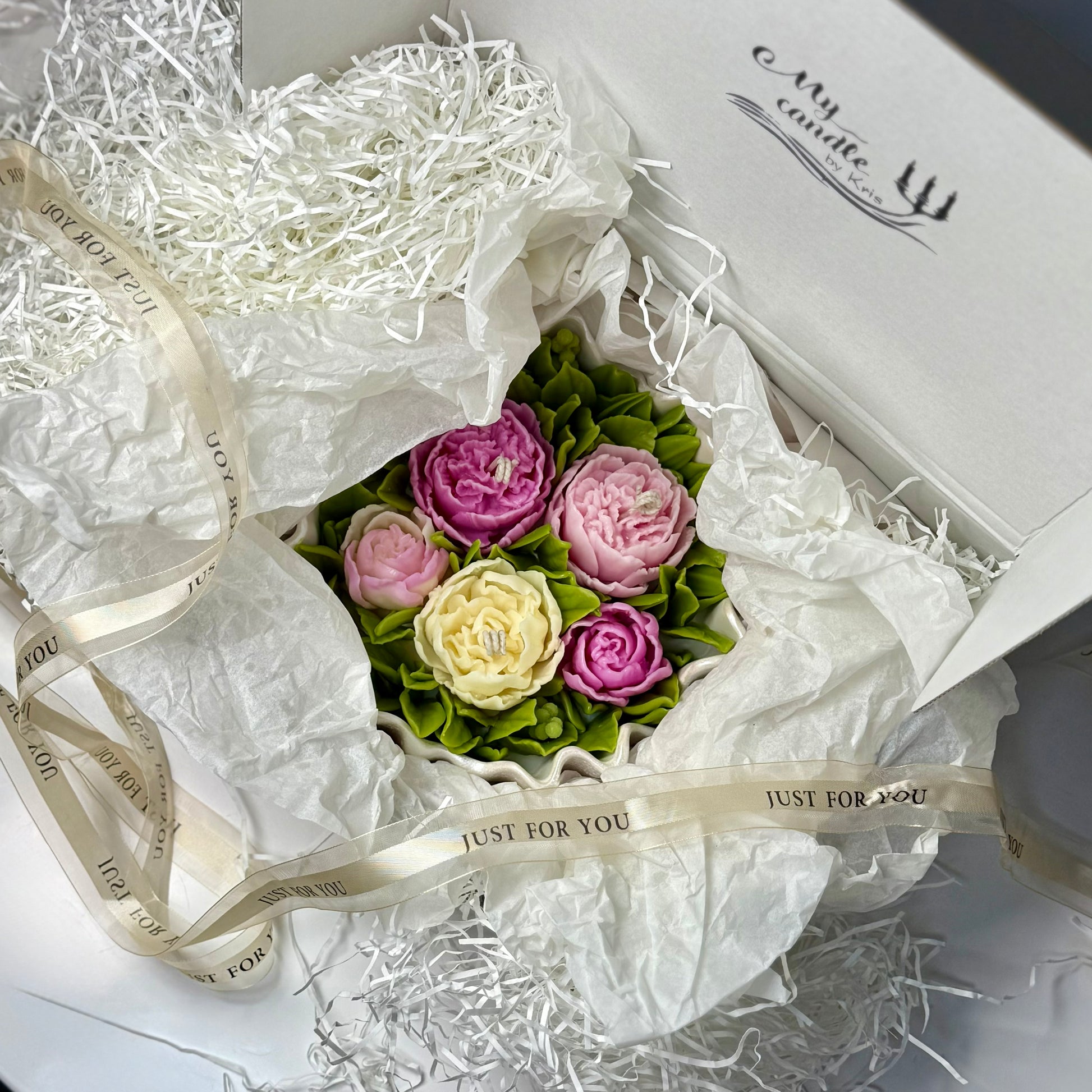 Top-down view of the opened premium presentation box with the My Candle by Kris logo, ready for optional personalized laser engraving on the outer lid.