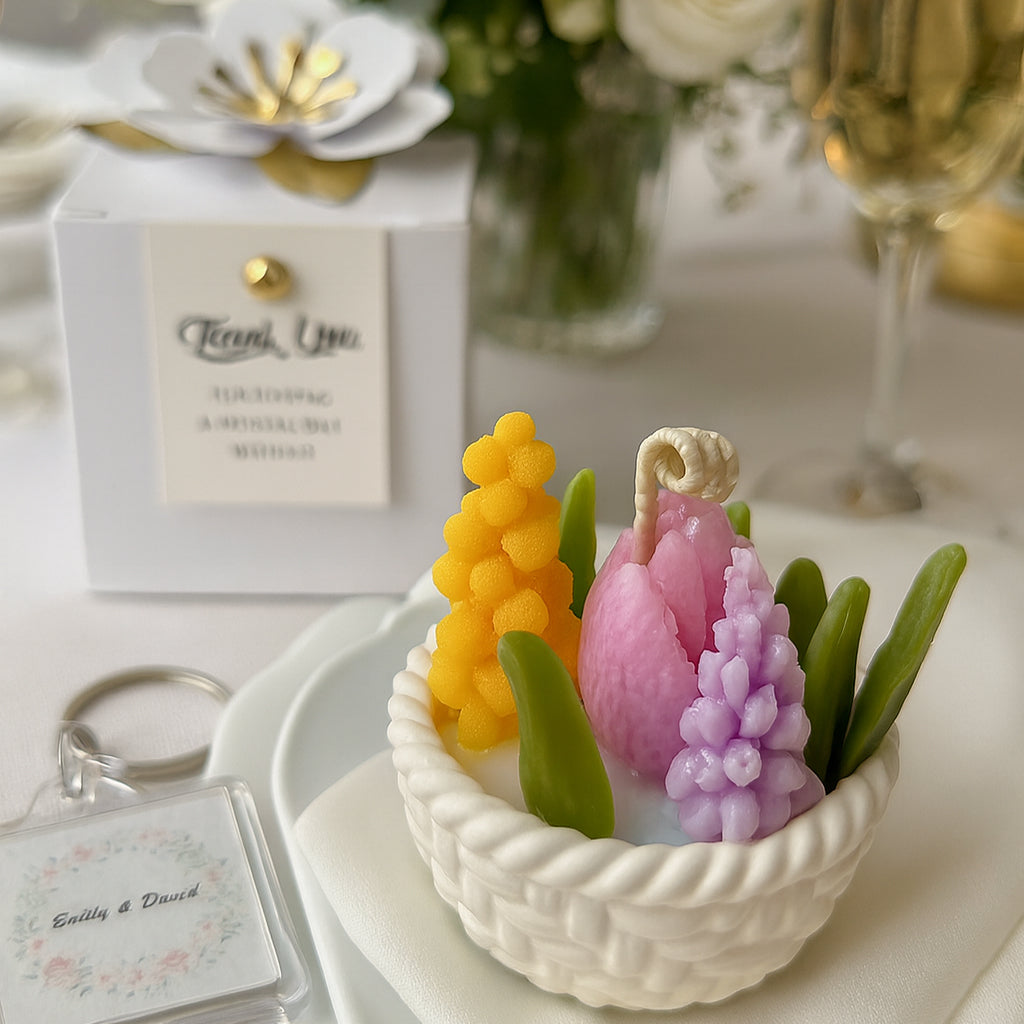 A botanical soy wax basket candle styled on a luxury wedding dinner plate next to a personalised keychain keepsake and a white gift box with a thank you tag as a table centrepiece.