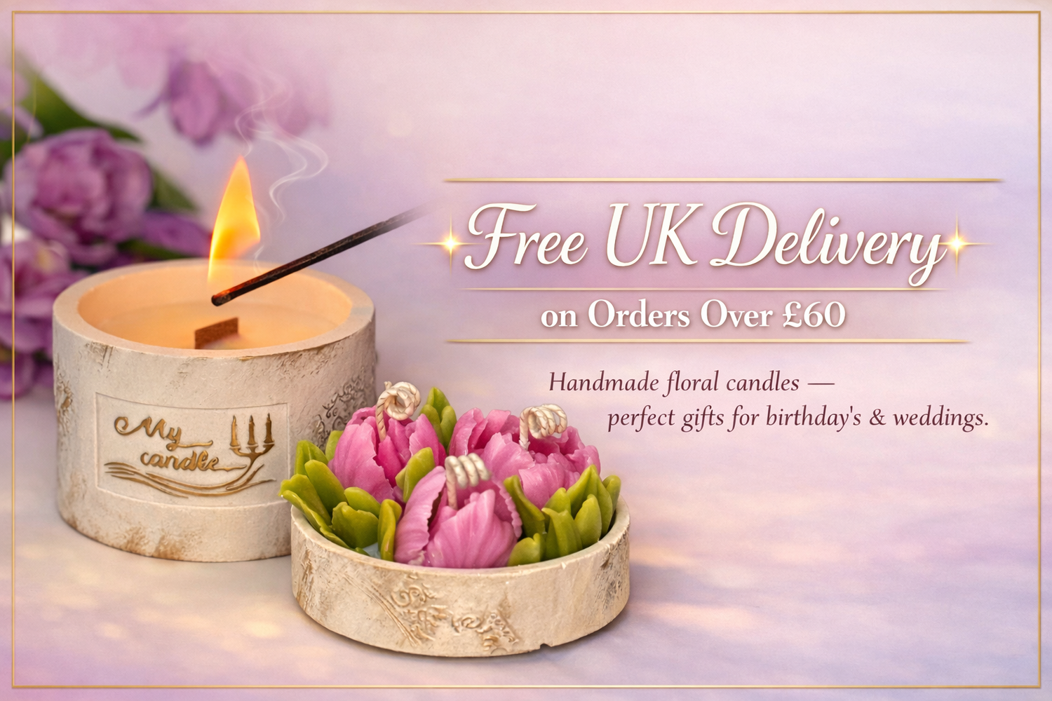 Handmade floral candles in unique, hand-painted white custom pots with a lit wooden wick candle and promotional text for free UK delivery on orders over £60.