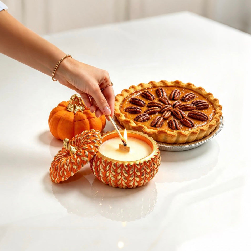 Lighting a textured orange and gold pumpkin soy candle with match next to pecan pie