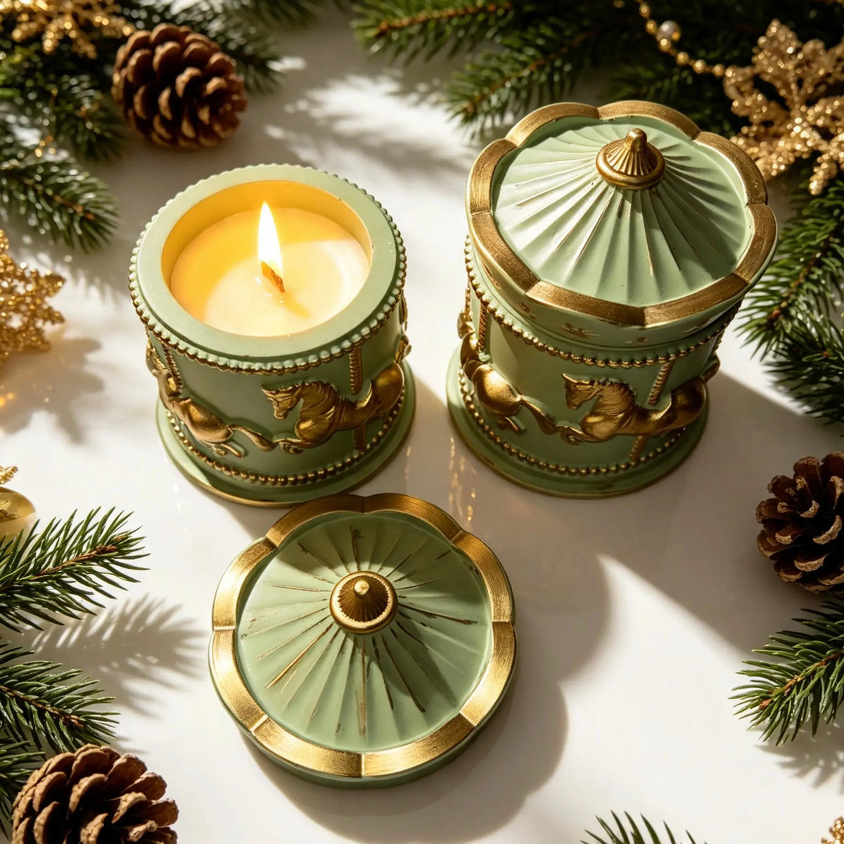 Lit carousel soy wax candle with wooden wick showing burning flame alongside gold detailed lid and pine cones