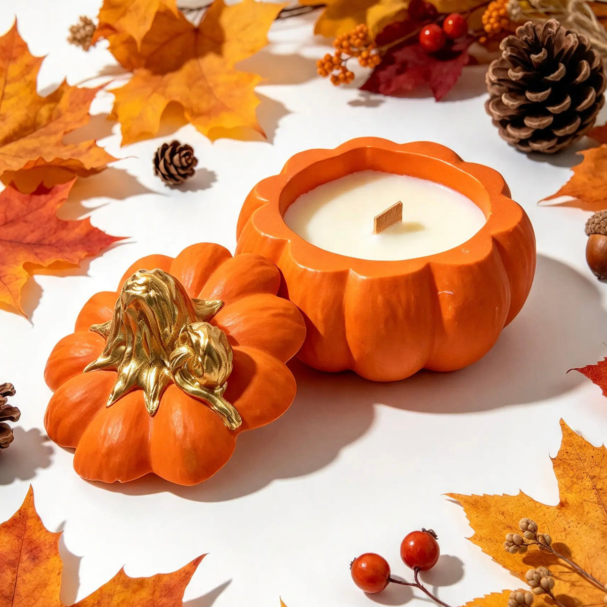 Open orange pumpkin soy candle with wooden wick placed amidst golden autumn leaves and pine cones