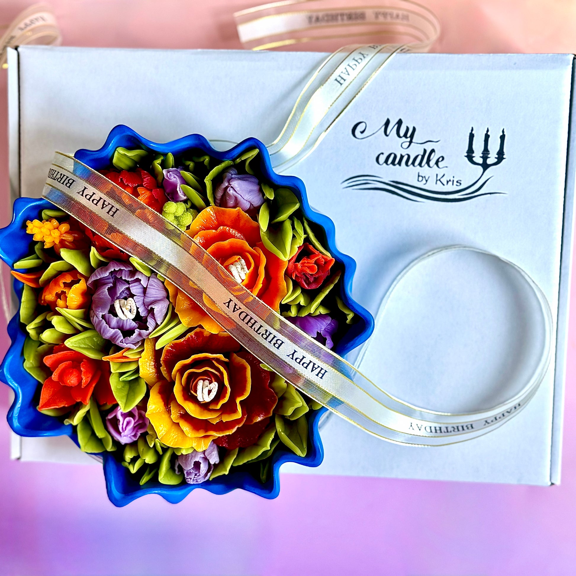 A complete luxury gift set: The Azure Floral Candle inside a branded 'My Candle by Kris' gift box with a customisable gold 'Happy Birthday' ribbon.