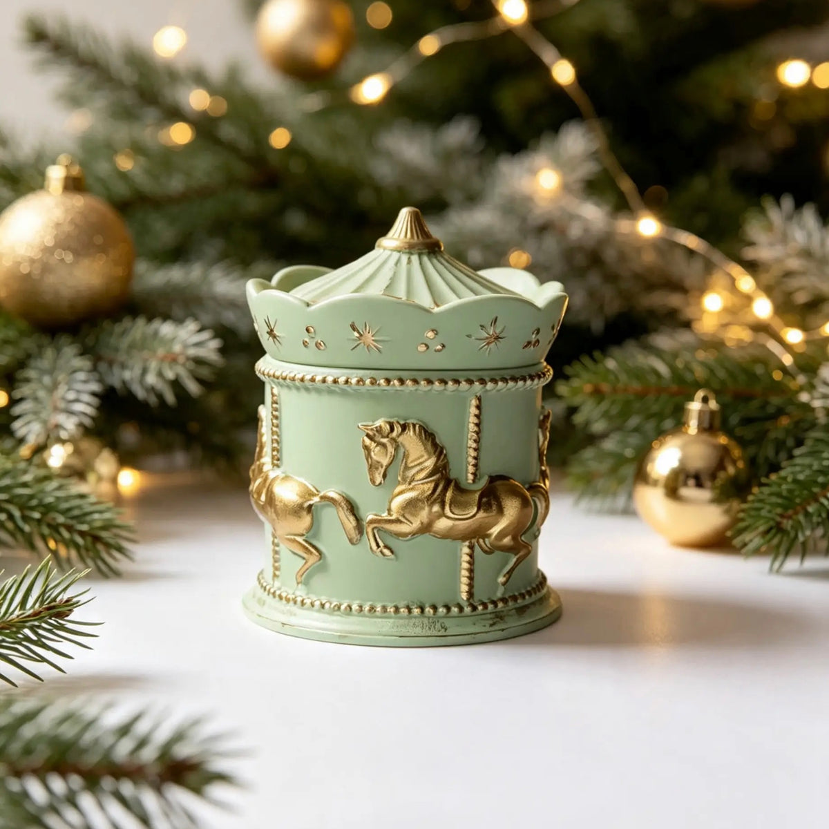 Handmade sage green carousel candle jar with hand-painted gold horses in a festive Christmas setting