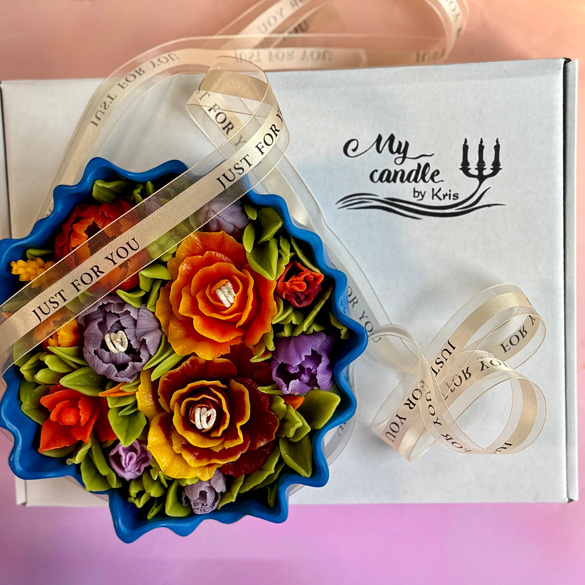 The Azure Floral Candle in its branded box with a beautiful personalised cream ribbon featuring gold 'Just For You' text, ideal for a thoughtful present.