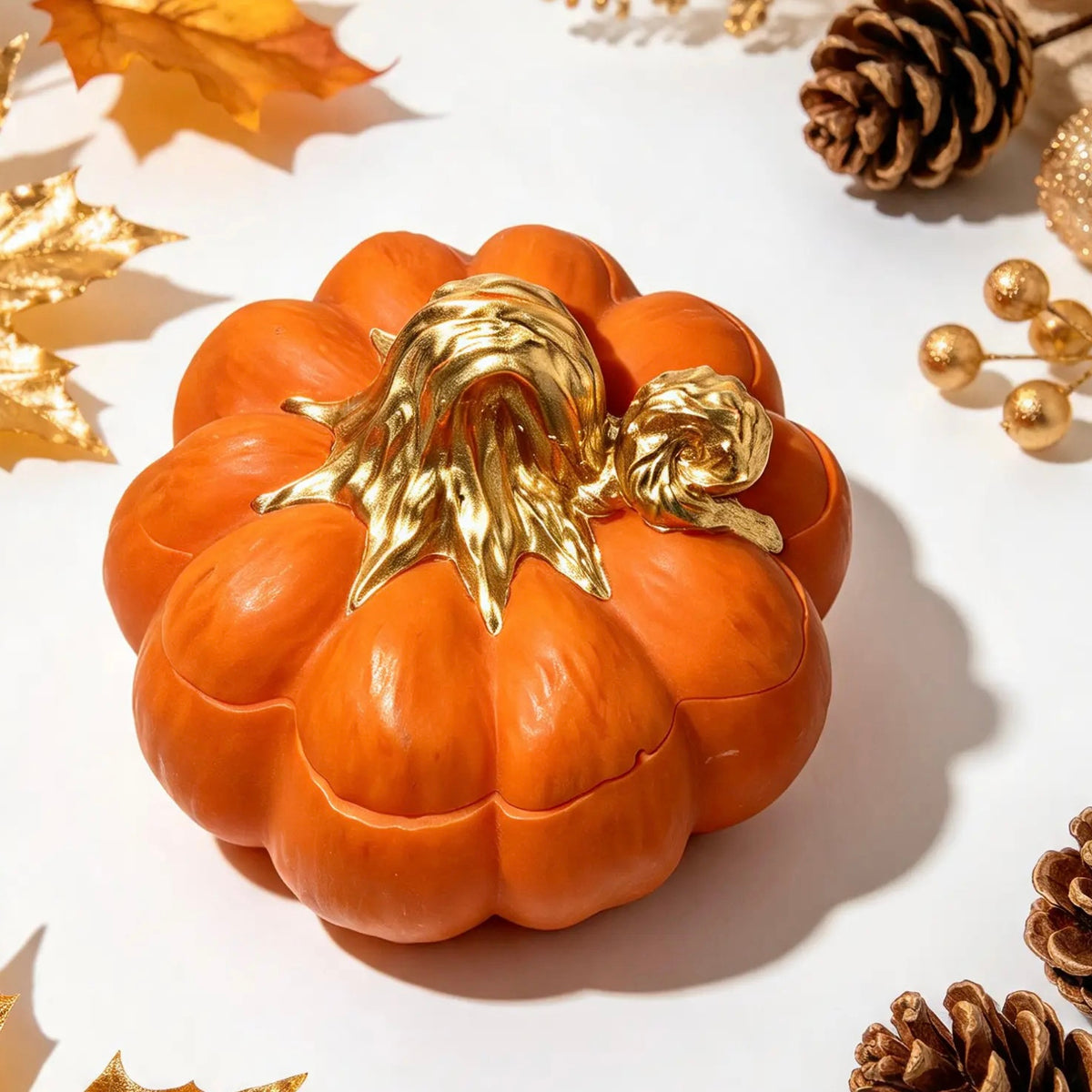 Closed smooth orange pumpkin candle jar featuring a detailed gold stem surrounded by pine cones