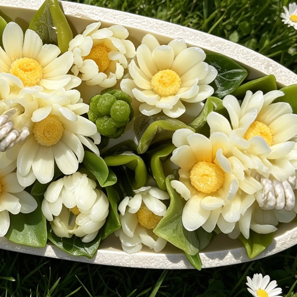 A detailed top-down macro shot of the daisy bouquet candle, showcasing textured yellow stamens, delicate white wax petals, green buds, and coiled wicks.