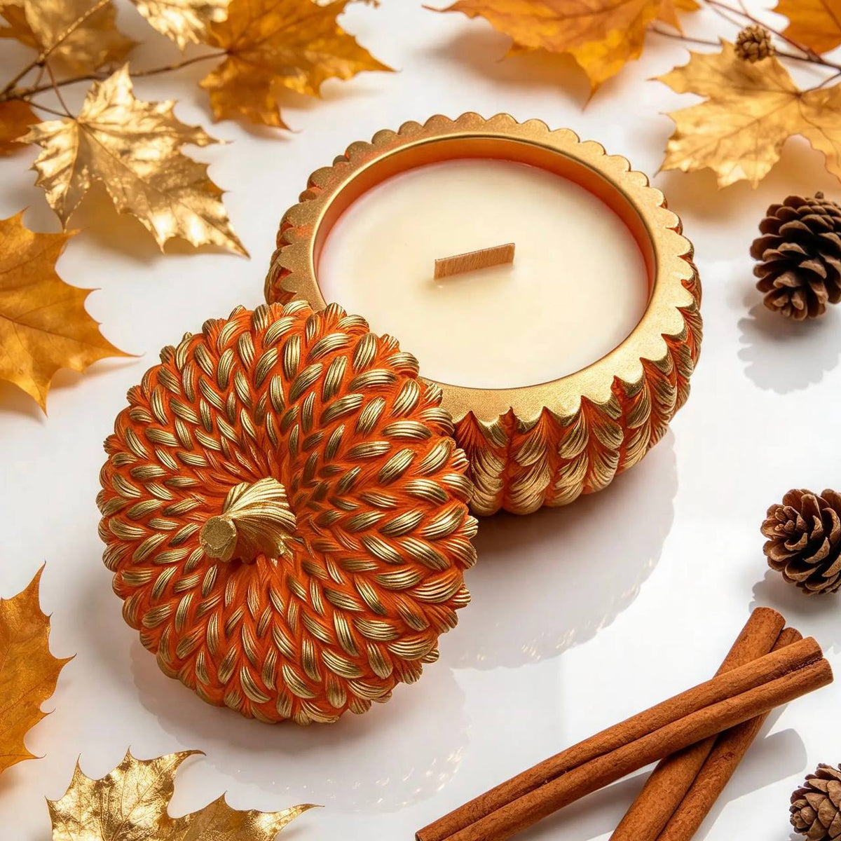 Open woven-style orange pumpkin soy wax candle with wooden wick, gold rim, and cinnamon sticks