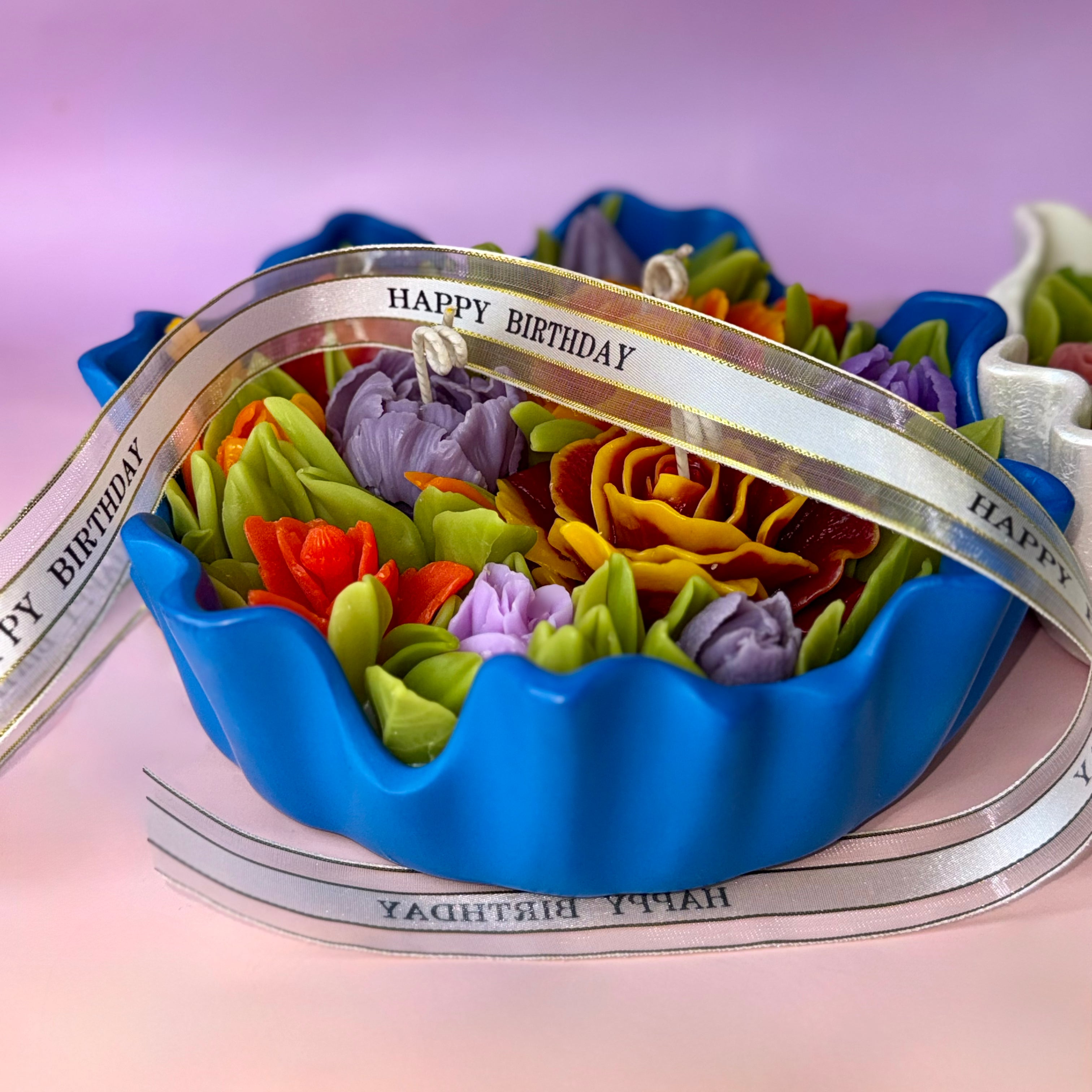 Azure floral candle bowl decorated with a "Happy Birthday" personalised satin ribbon.