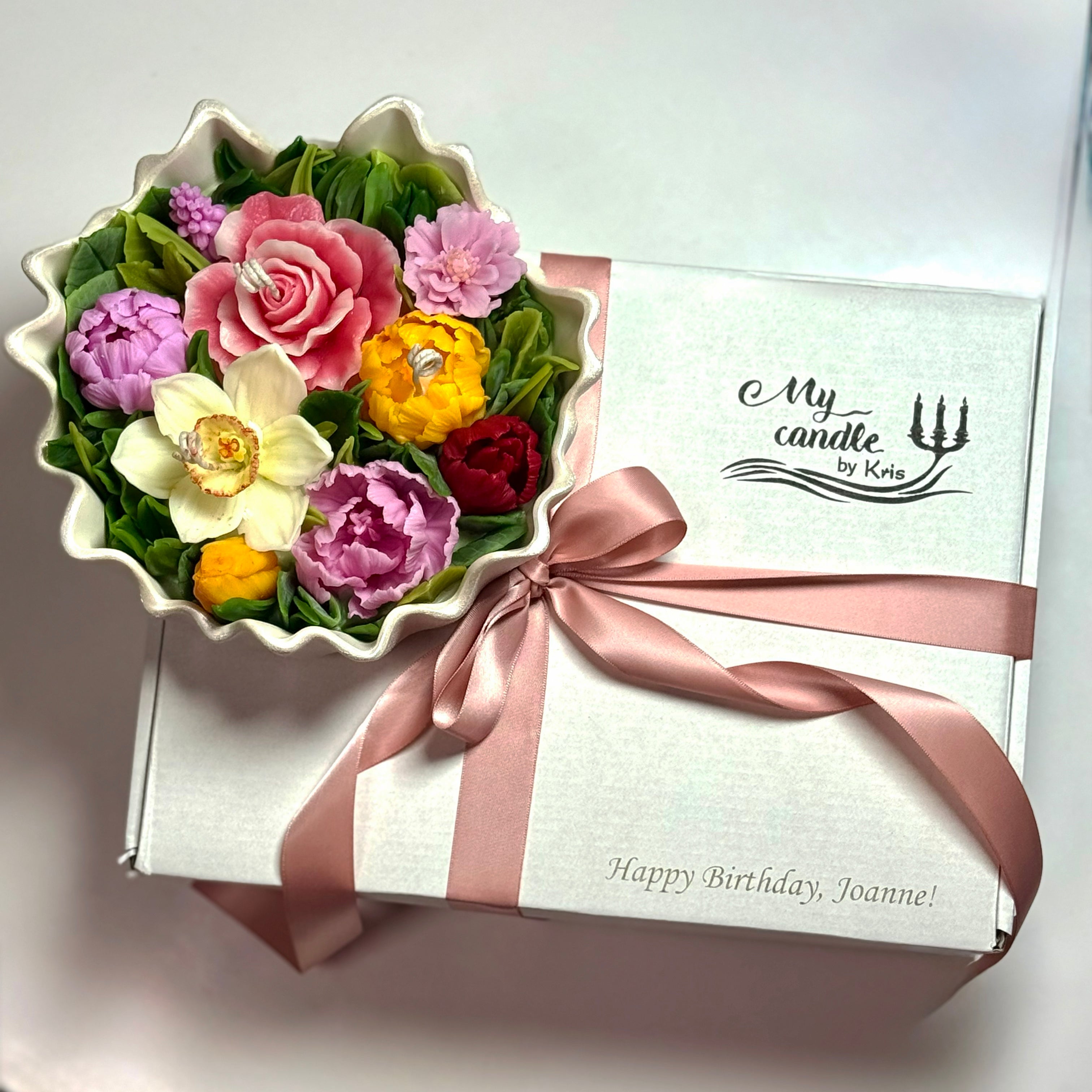 Luxury white gift box featuring 'My Candle' branding and a personalised laser engraving.