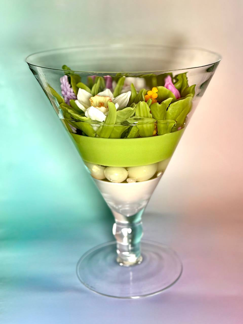 Bespoke flower candle in a luxury martini glass, featuring handcrafted natural soy wax spring blossoms and greenery, perfect as a unique centrepiece UK or Mother's Day gift.