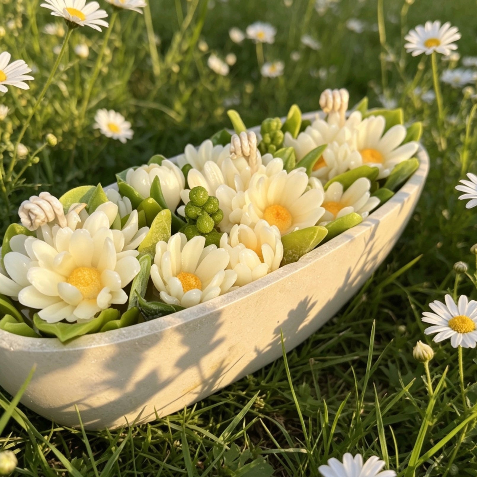 An oval white chamomile candle arrangement resting on green grass, surrounded by real wild daisies to highlight its lifelike botanical design.