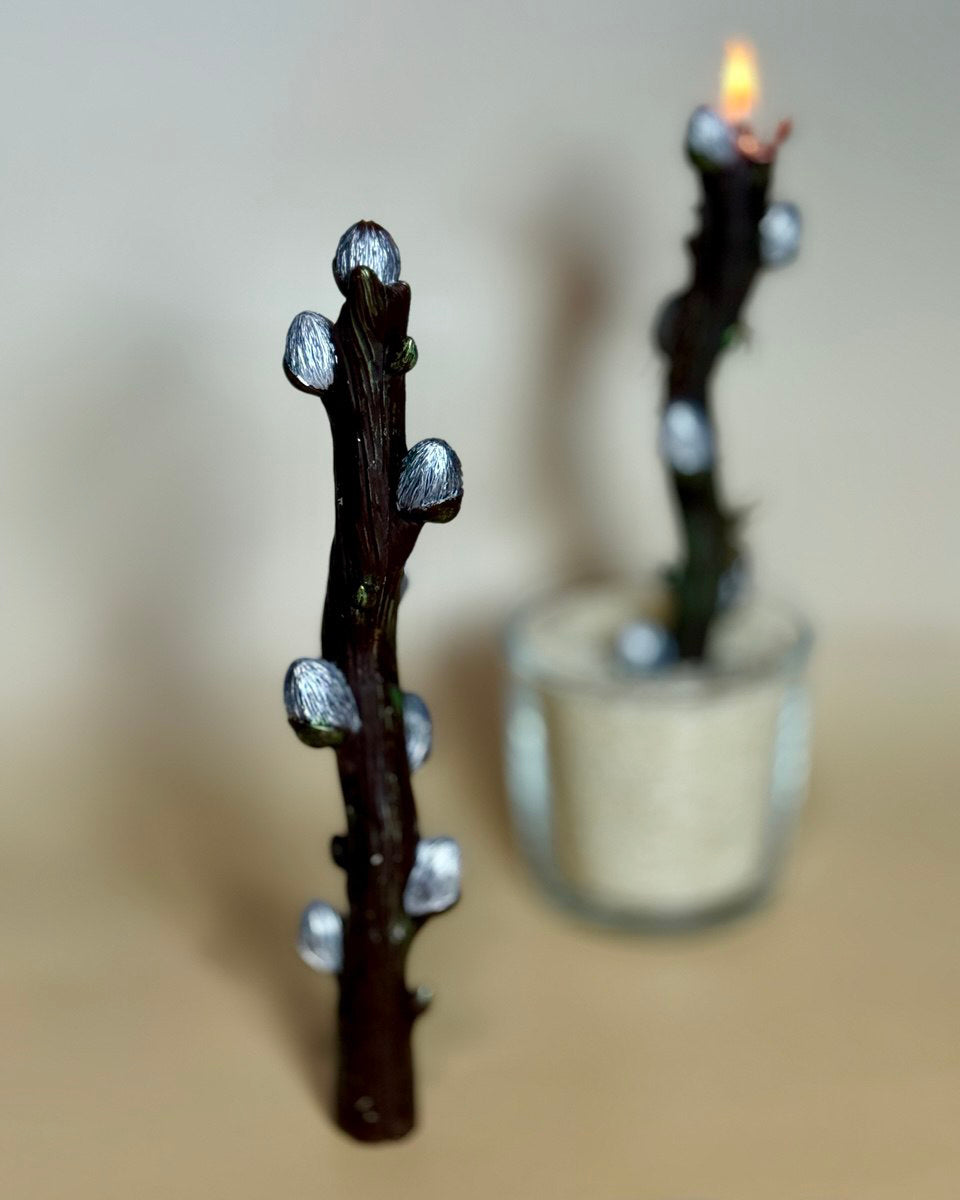 A single dark brown beeswax willow branch candle standing upright, highlighting the intricate bark texture and hand-painted silver botanical buds along the stem.