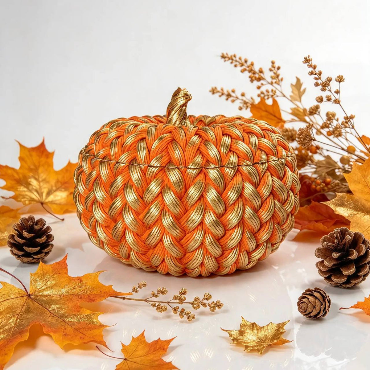 Textured orange and gold pumpkin candle vessel surrounded by golden maple leaves and pine cones