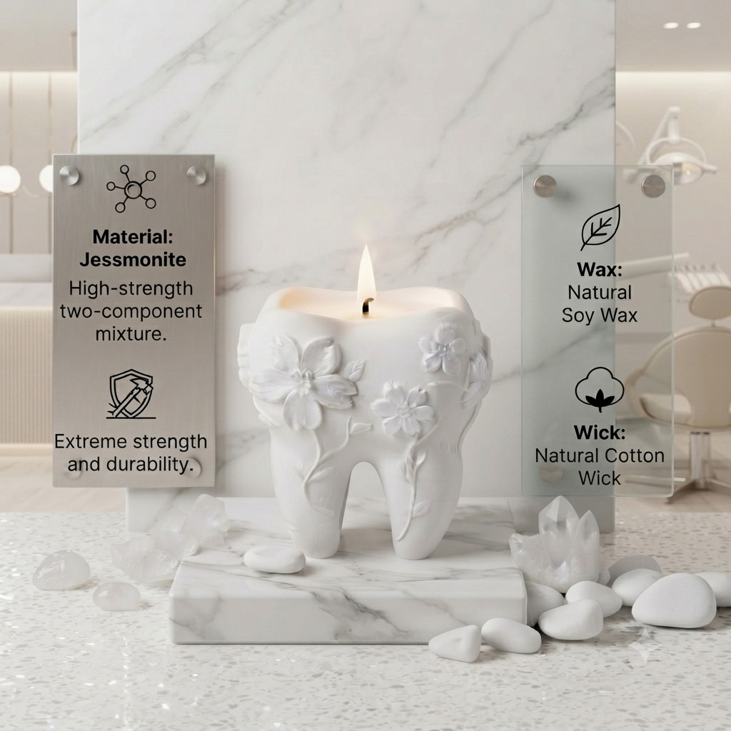 Lit floral tooth candle made of eco-friendly Jesmonite vessel and natural soy wax displayed in a modern dental office setting.