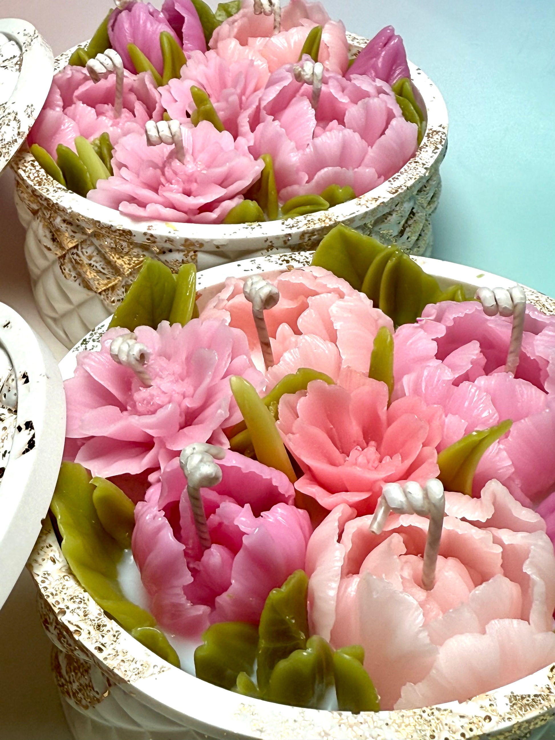 Top view of beeswax floral candles showcasing peony and tulip flower design