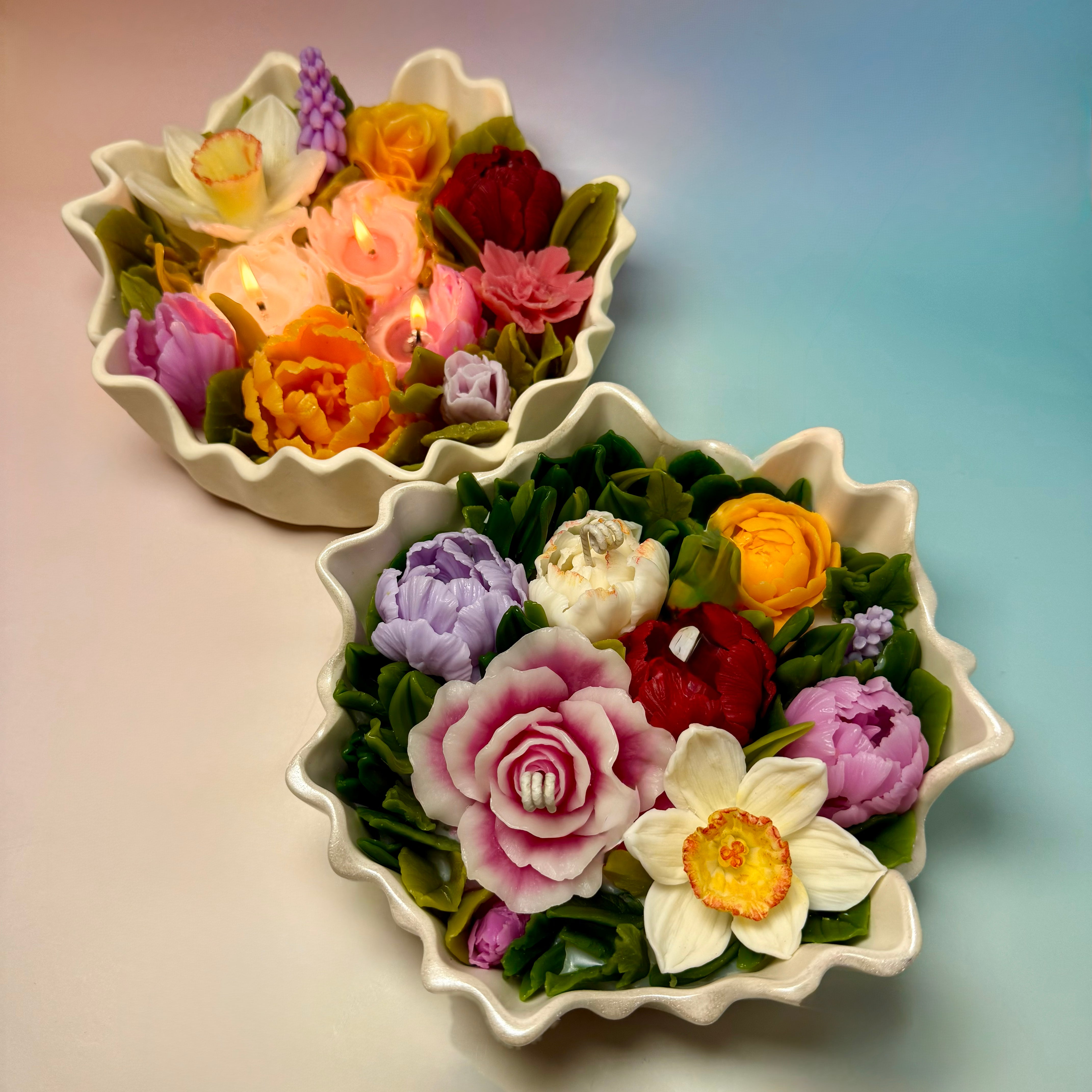 Pair of vibrant floral candles in handcrafted Jesmonite pots, an ideal unique gift for her.