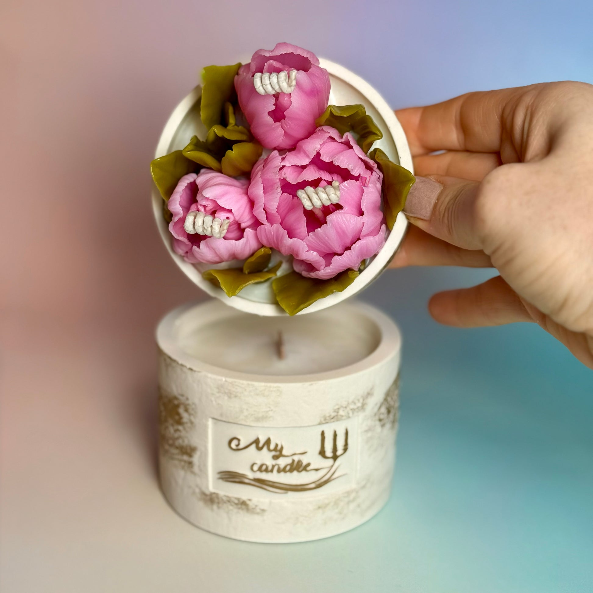 Unique refillable floral candle with a detachable lid featuring handcrafted pink beeswax peony tulips.