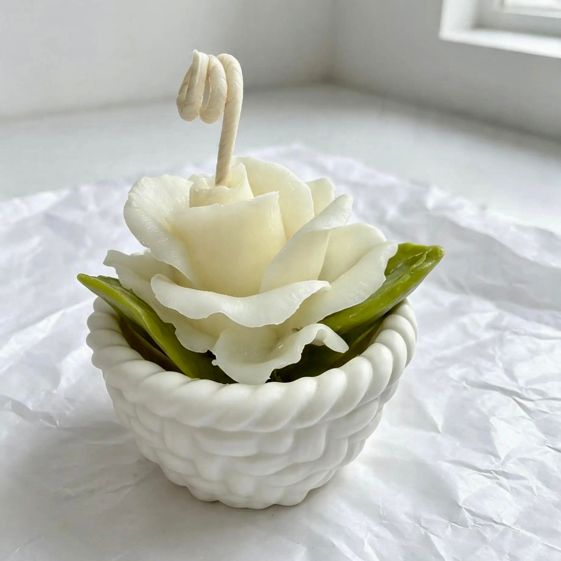 Side view of a white flower candle in a basket pot set against delicate tissue wrapping paper.