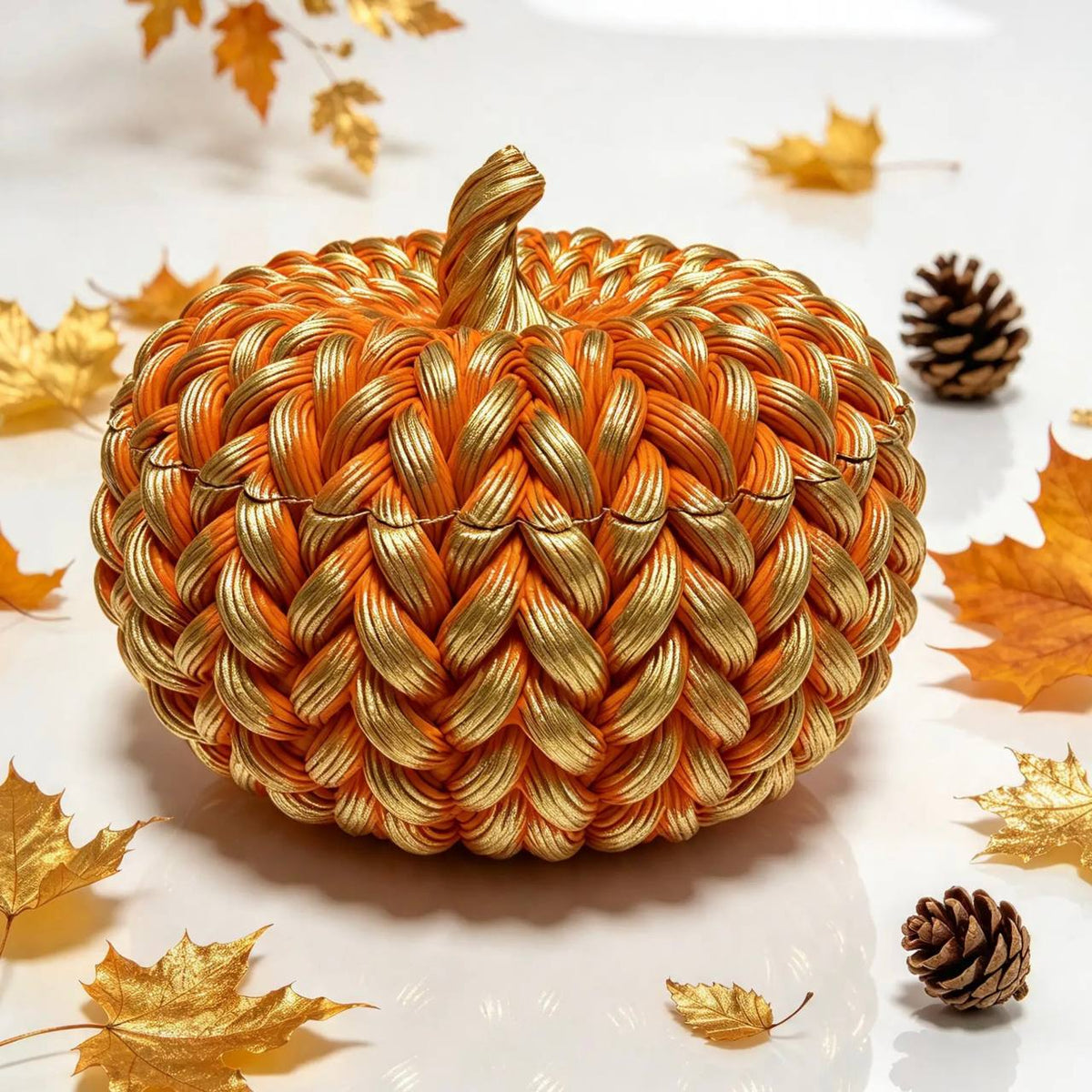 Close-up of woven pattern orange pumpkin candle jar with hand-painted gold detailing